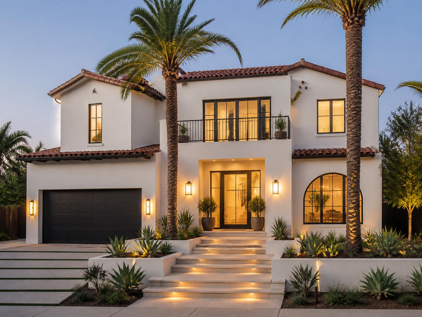 Modern white stucco Southern California home with palm trees at dusk